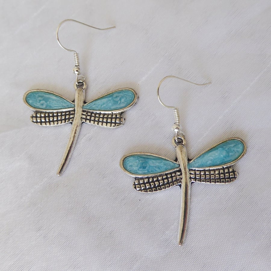 Silver and Turquoise Blue Enamelled Dragonfly Earrings 