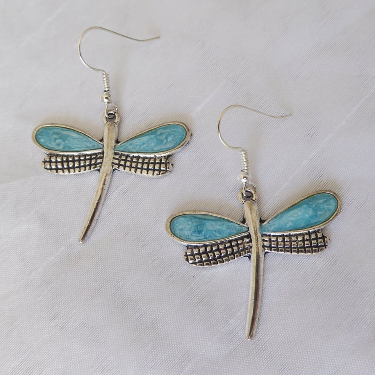 Silver and Turquoise Blue Enamelled Dragonfly Earrings 