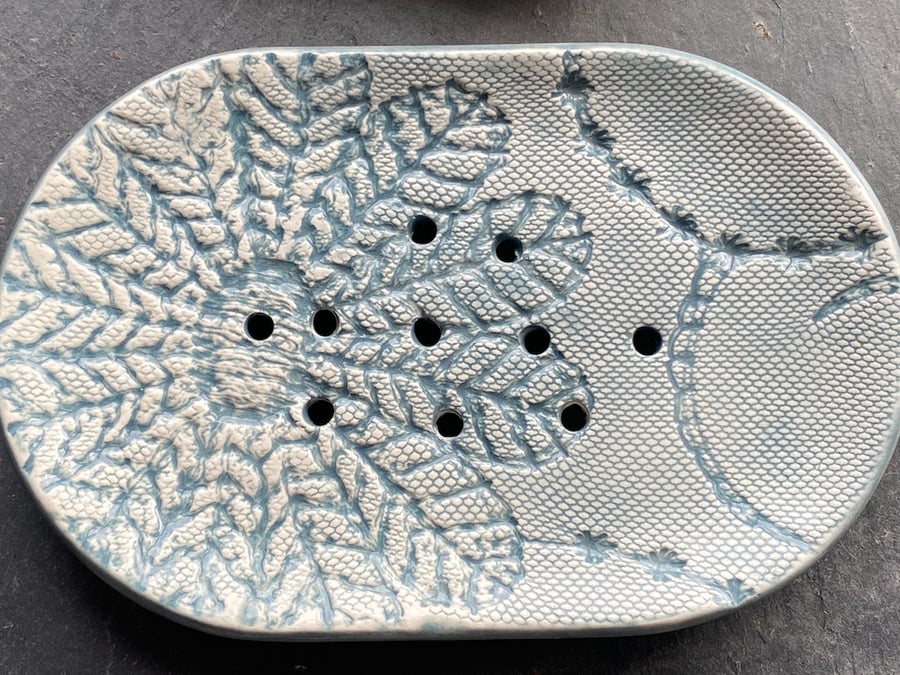 Soap Dish Handmade Ceramic Grey Crochet Design