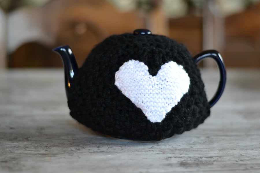 4 - 6 Cup Super Chunky  Black Hand Knitted  Tea Cozy With White Heart