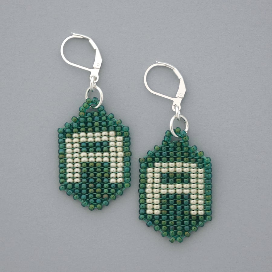 Letter A glass beaded earrings with silver plated leverback hinged ear wires. 