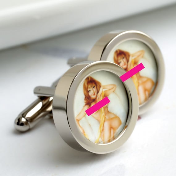 Vintage Erotic Nude Pin Up Cufflinks - Beautiful Brunette in a Yellow Scarf