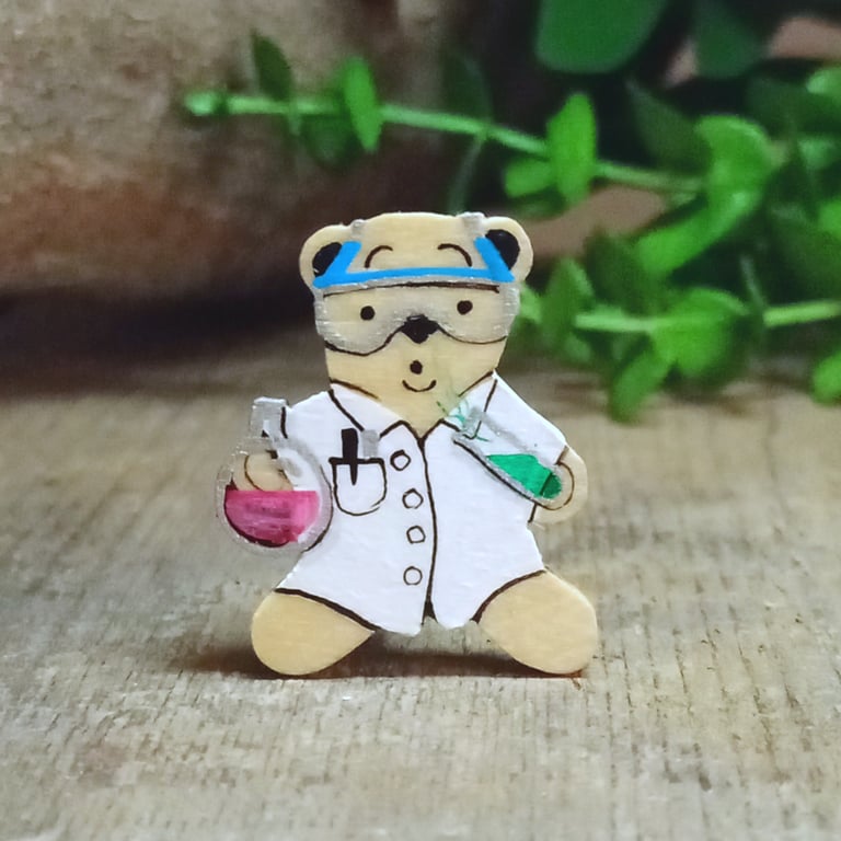 Scientist Bear Pin, Handmade Lab Technician Teddy Brooch, Science Teacher Badge