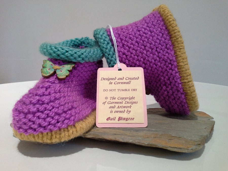 Hand Knitted Baby Girl's Aran Booties with wool 9-12 months size
