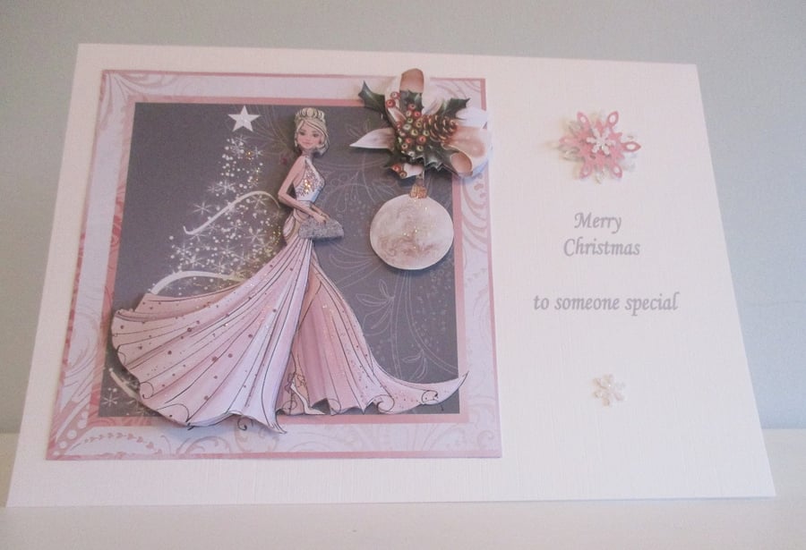 Handmade Elegant Girl Christmas Card , 3D.Decoupage,Personalise,