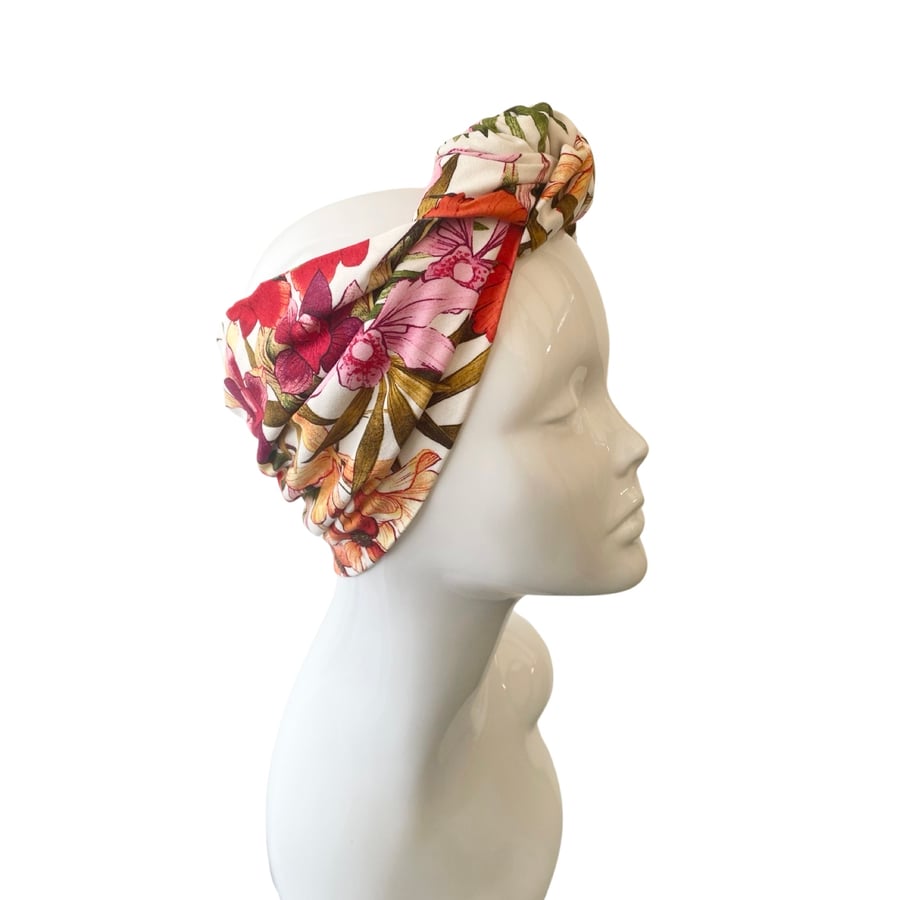 White Colourful Flower Print Headband Jersey Floral Turban Head Wrap Headband