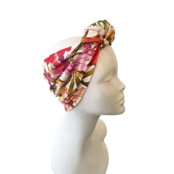 White Colourful Flower Print Headband Jersey Floral Turban Head Wrap Headband