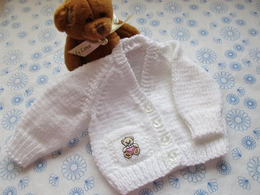 14" Newborn Whte Teddy Pocket Cardigan