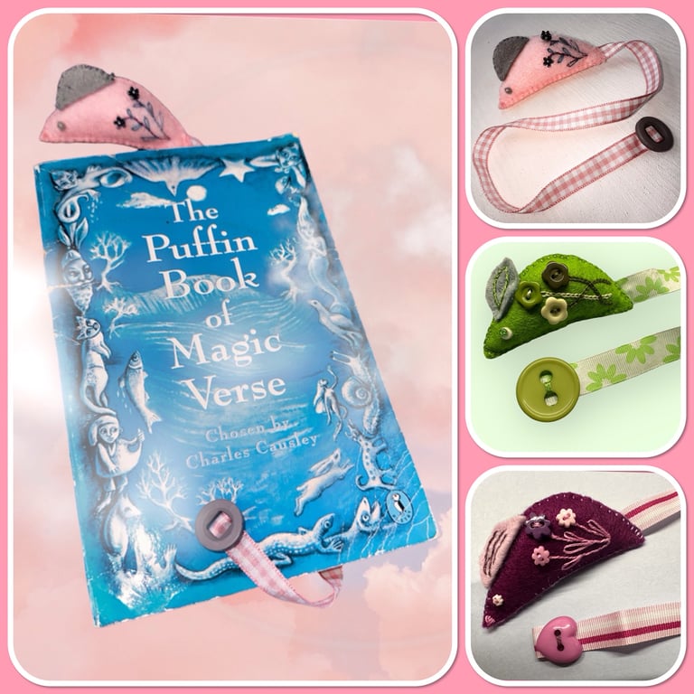 Hand embroidered bookmarks, a cute little mouse with ribbon tail, various colour