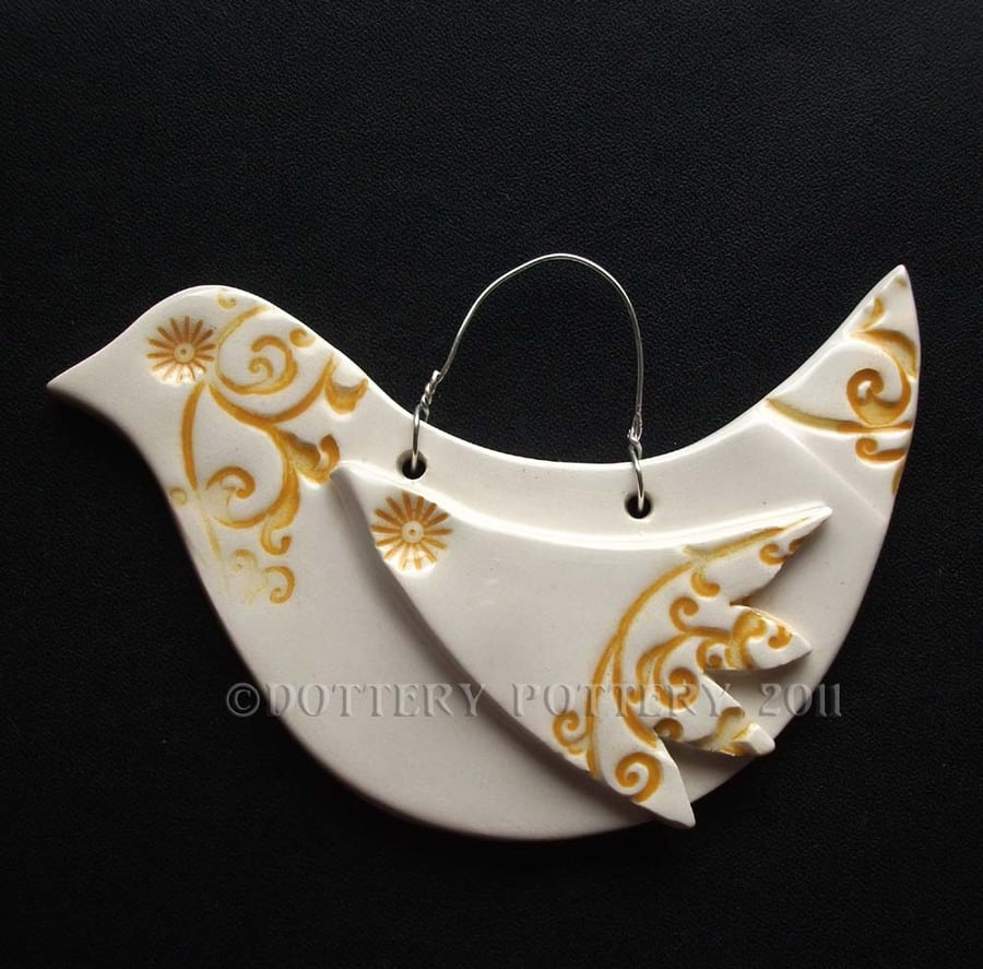 Patterned ceramic bird decoration yellow