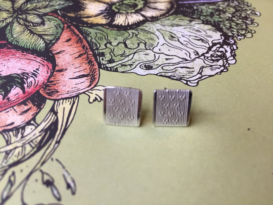 Square engine turned stud earrings