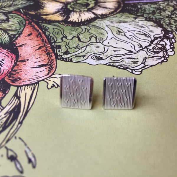 Square engine turned stud earrings