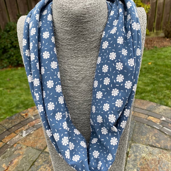 Denim Blue Coloured Organic Jersey Cotton Infinity Scarf with white flowers