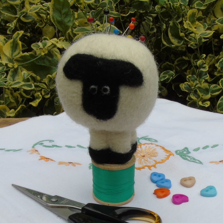 sheep pincushion -  needle felt sheep on vintage cotton reel 