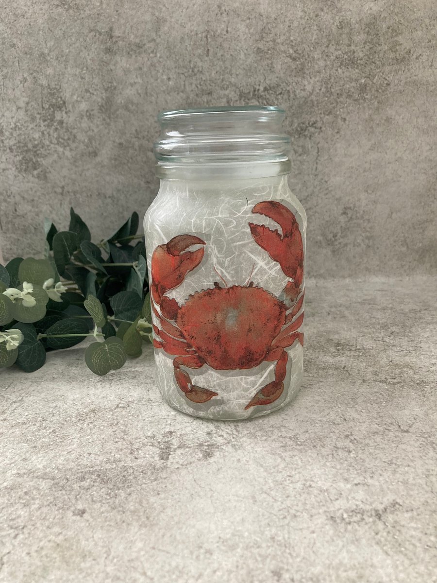 Decoupage Glass Storage Jar Candle Jar Coastal Crab Rustic Home Decor - Recycled