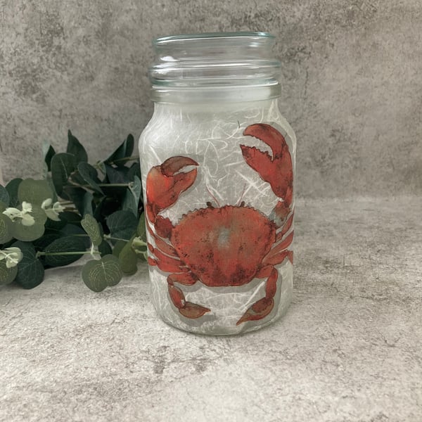 Decoupage Glass Storage Jar Candle Jar Coastal Crab Rustic Home Decor - Recycled