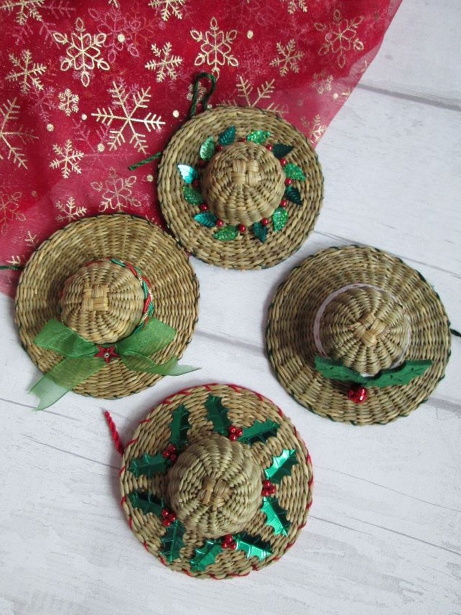 Set of Four Miniature Hat Christmas Decorations, Festive Hats, Christmas Hats