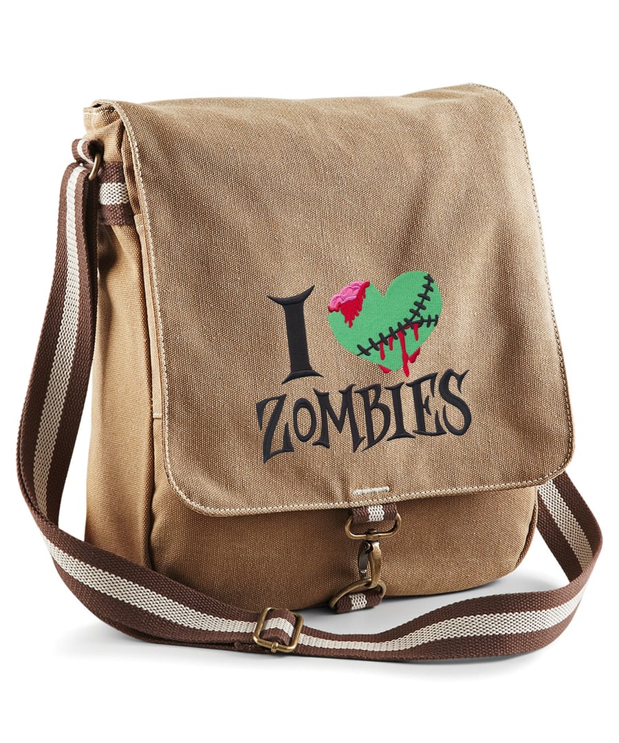 I Heart Zombies Embroidered Canvas Field Bag