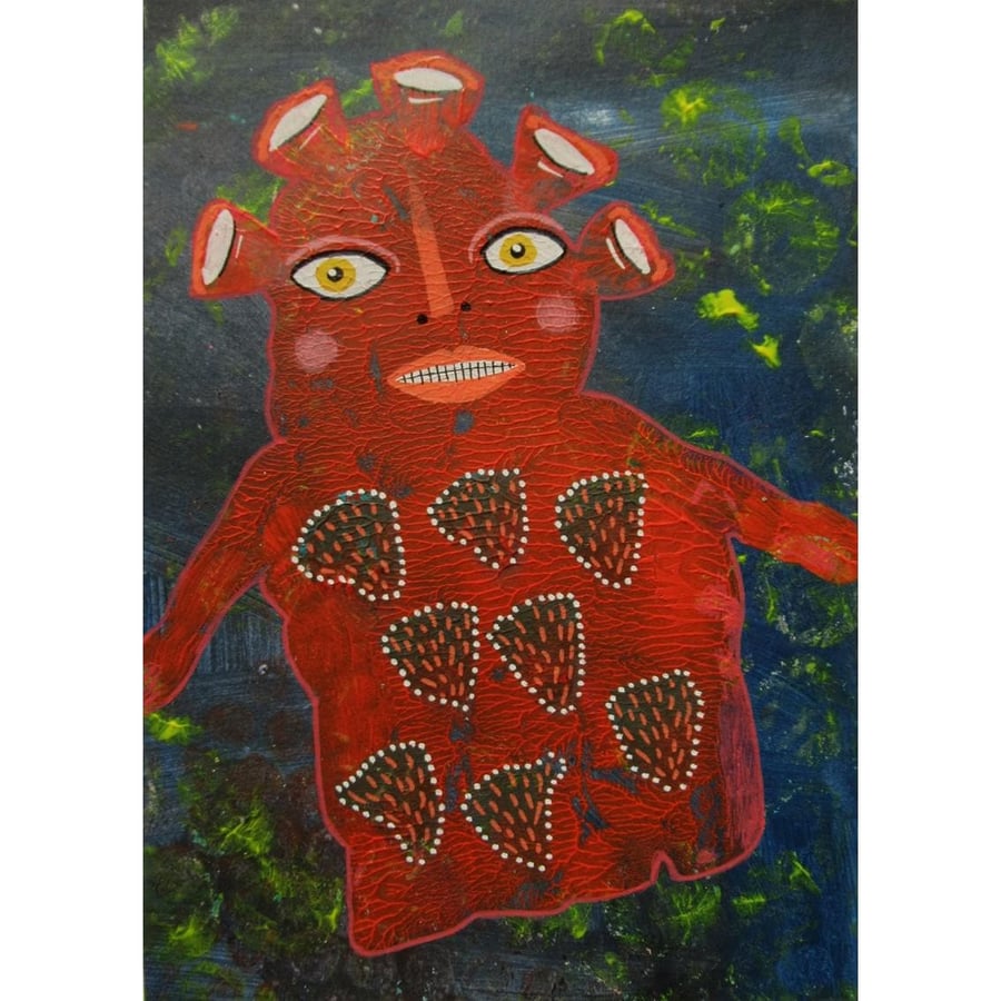 Red Monster Man Figurative Painting Small Outsider Art Brut Lowbrow Artwork