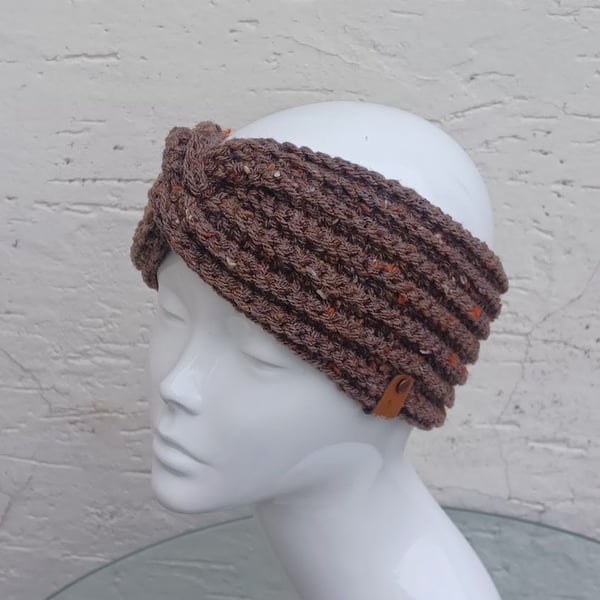 Classic crochet twisted headband, tweed brown ear warmer