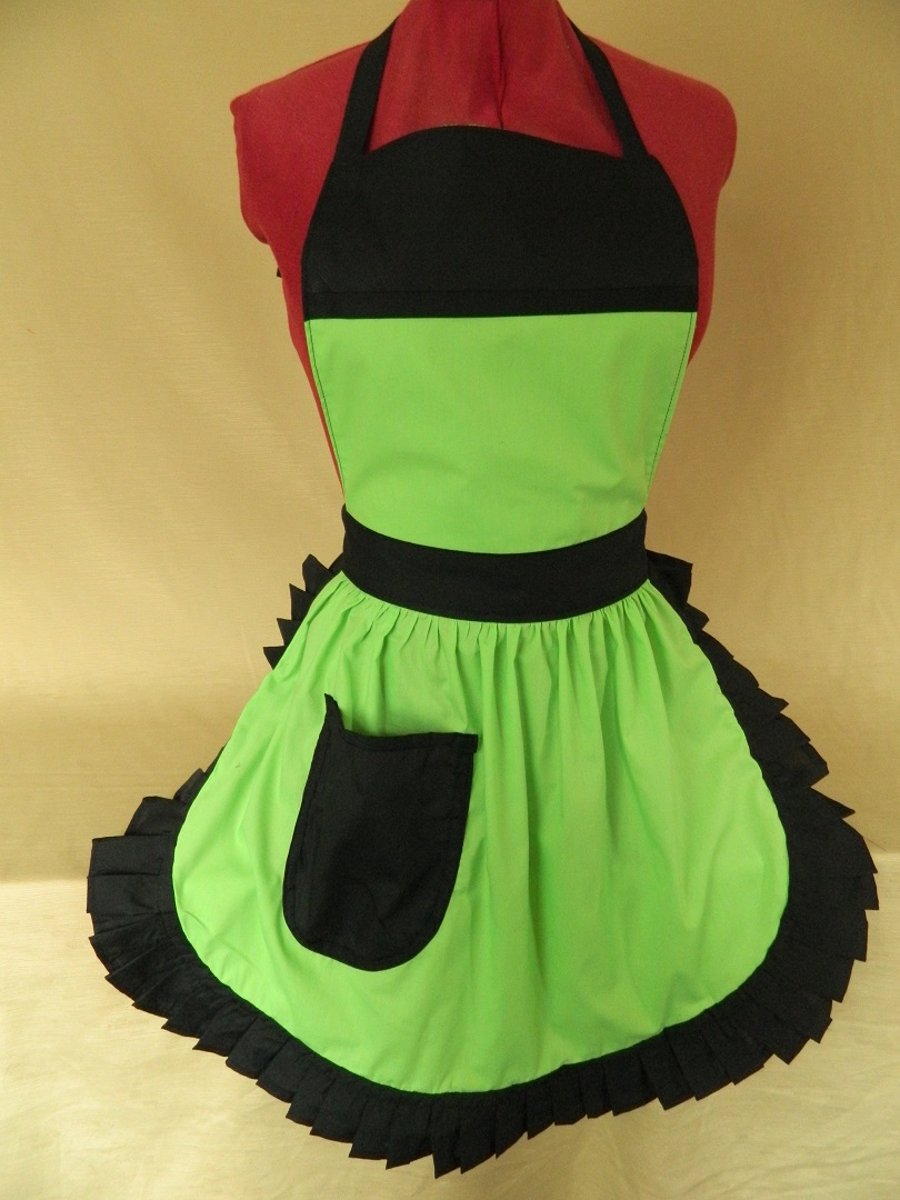 Vintage 50s Style Full Apron Pinny - Lime Green & Black