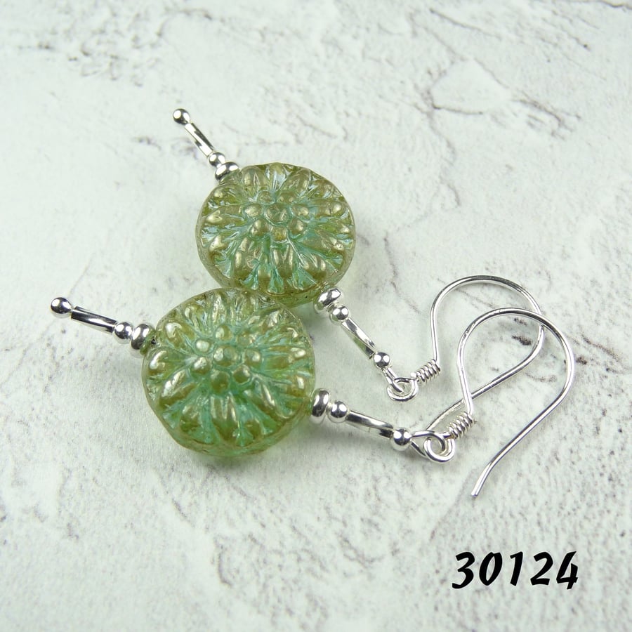 Sterling silver Czech glass green dahlia flower drop earrings, gift box (30124)