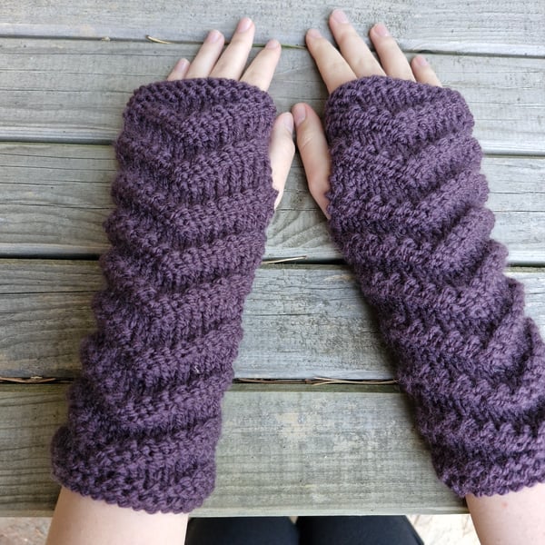 Cosy hand knitted winter wrist warmers or fingerless gloves dark plum size s-m