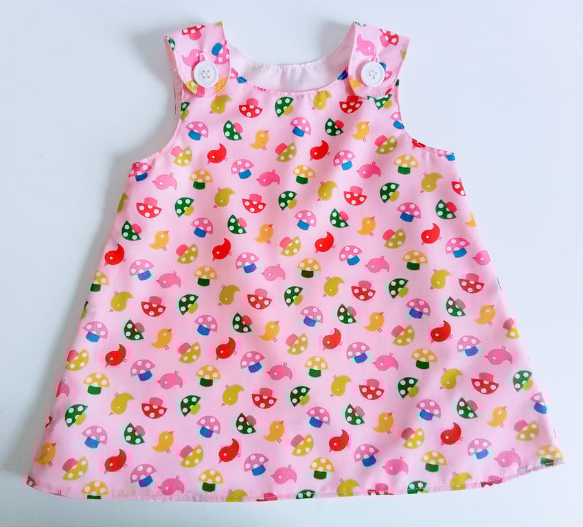 6-12 months pink Summer dress, A Line dress, birds, toadstools, 