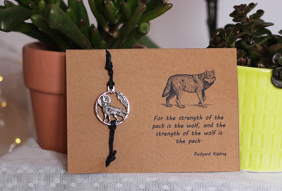 Handmade adjustable cotton cord bracelet with Tibetan silver wolf charm