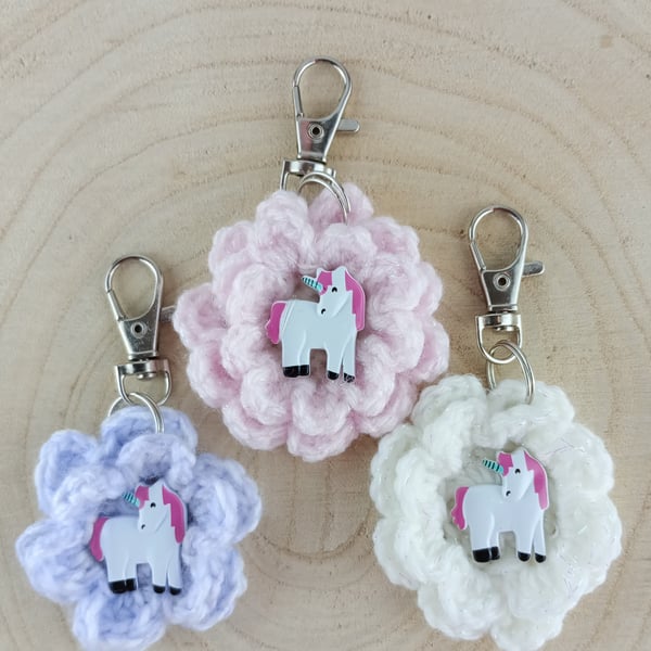 Unicorn flower bag charm - Crochet flower with unicorn in the middle - bag charm