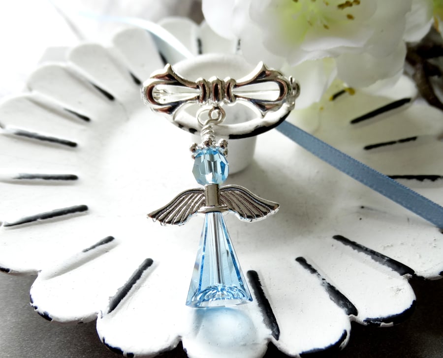 Crystal Something Blue Angel Silver Plated Bow Brooch with Swarovski Elements 