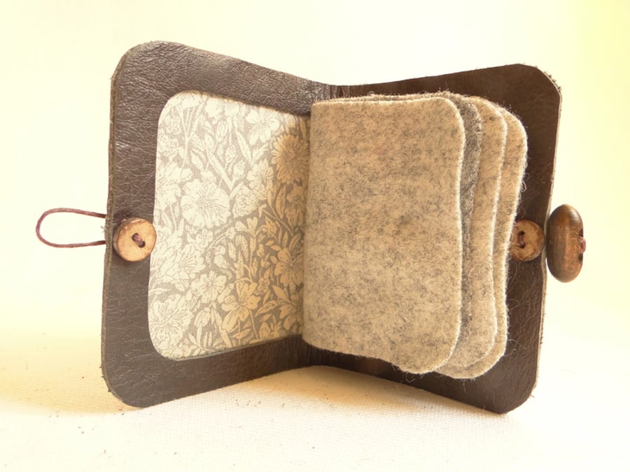 Floral Fabric Needle Case - Sewing Accessory - Brown Leather Needle Book 