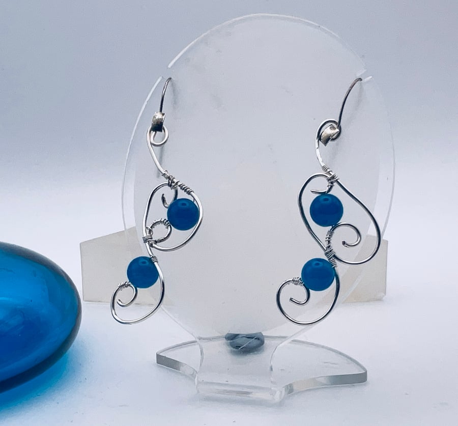 Beautiful blue agate silvered wire drop earrings