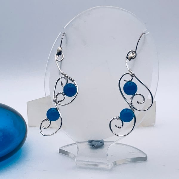 Beautiful blue agate silvered wire drop earrings