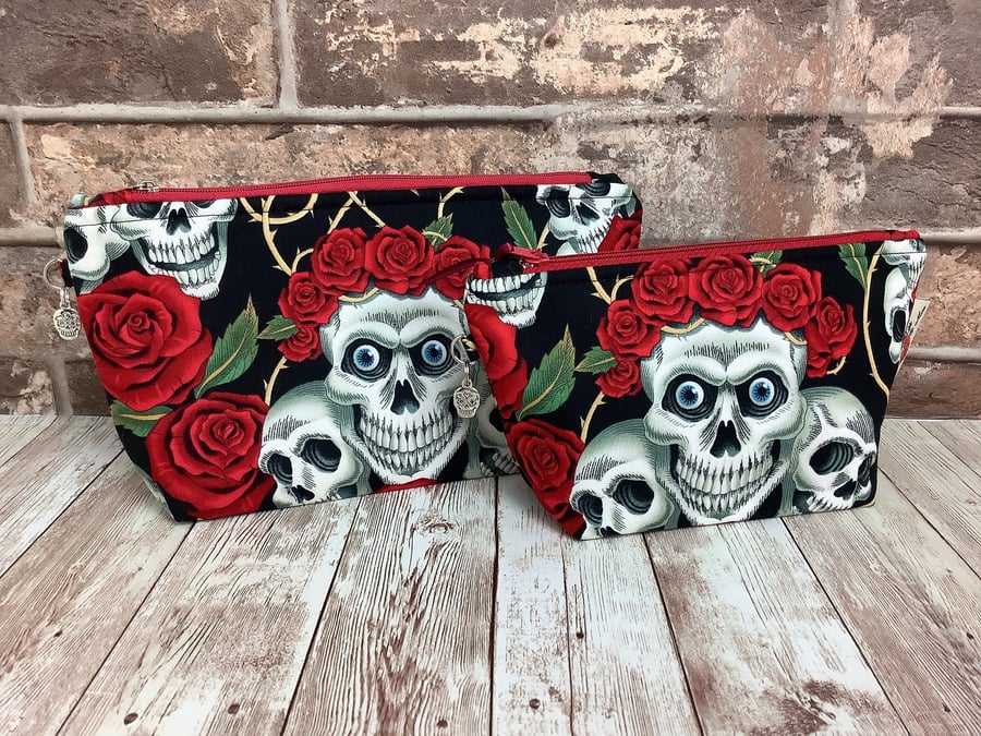 Gothic Skulls and Roses Zip case, Makeup bag, Handmade, 2 size options