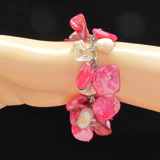 Hot Pink Mother of Pearl Nuggets & Real White Potato Pearls Cluster Bracelet