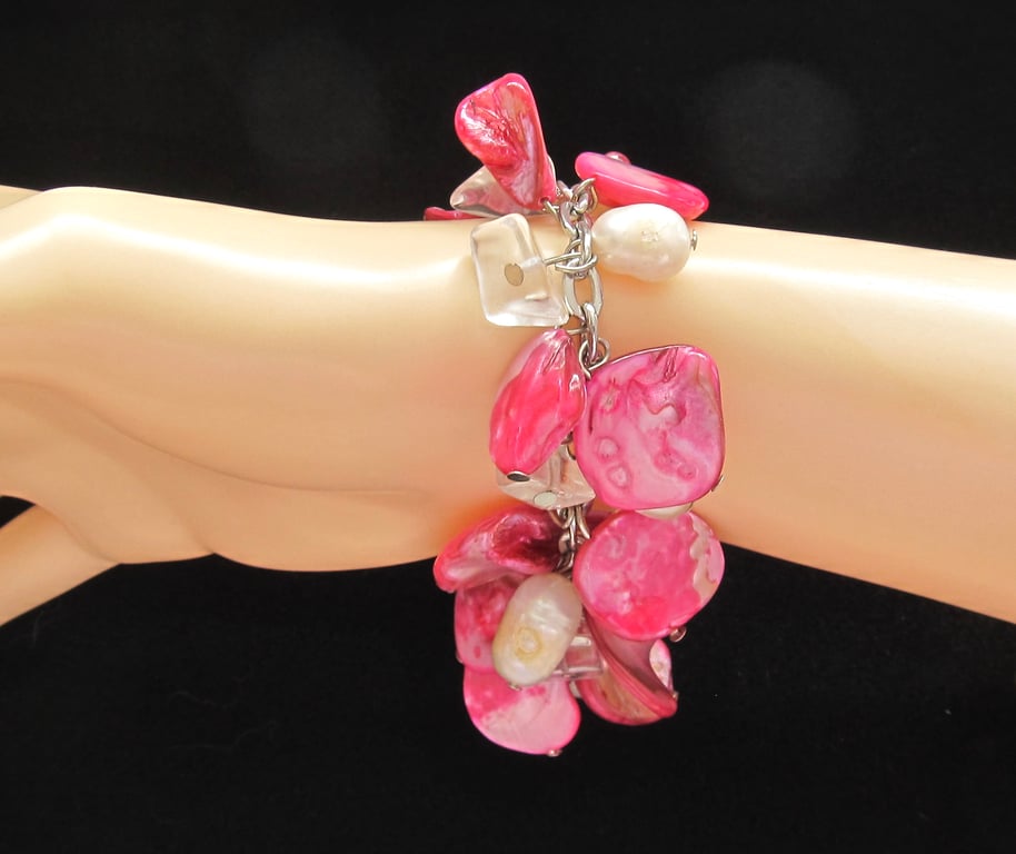 Hot Pink Mother of Pearl Nuggets & Real White Potato Pearls Cluster Bracelet