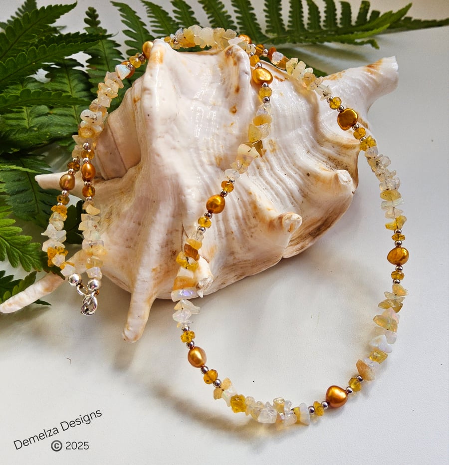 Ethopian Wello Opal, Mexican Fire Opal, Pearl Sterling Silver Necklace