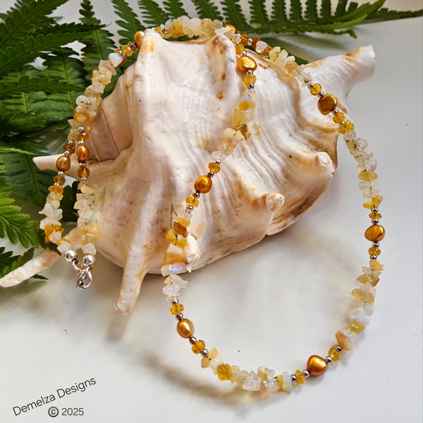 Ethopian Wello Opal, Mexican Fire Opal, Pearl Sterling Silver Necklace