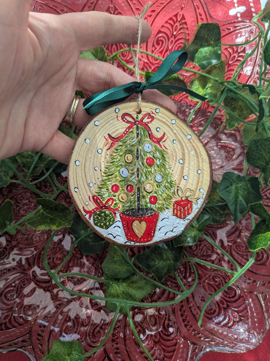 Christmas tree hand-painted log slice decoration 