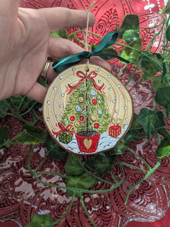 Christmas tree hand-painted log slice decoration 