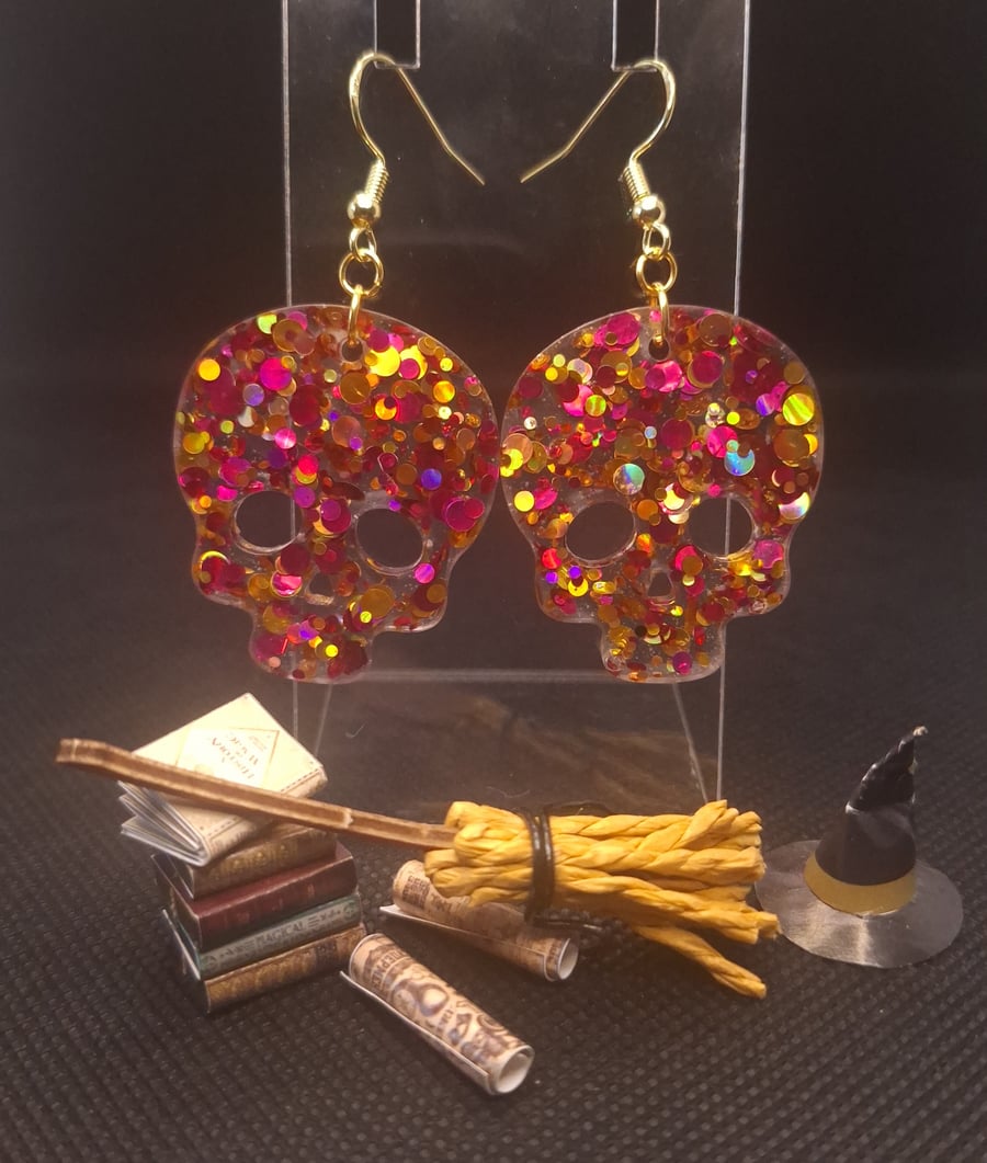 Halloween Sequin Sparkly Skull Resin Earrings 