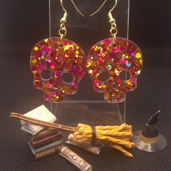Halloween Sequin Sparkly Skull Resin Earrings 