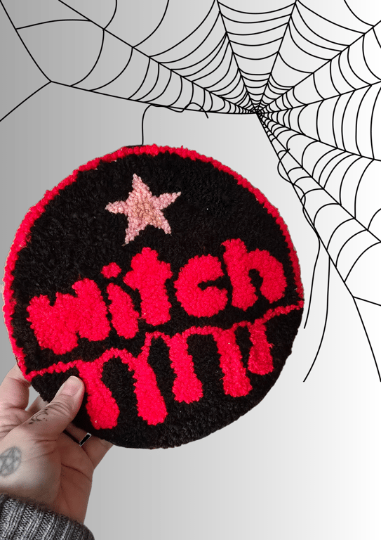 Large Red Witch and Pink Star Punch Needle Wall Hanging or Desk Rug