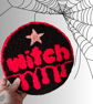 Large Red Witch and Pink Star Punch Needle Wall Hanging or Desk Rug - Image 2