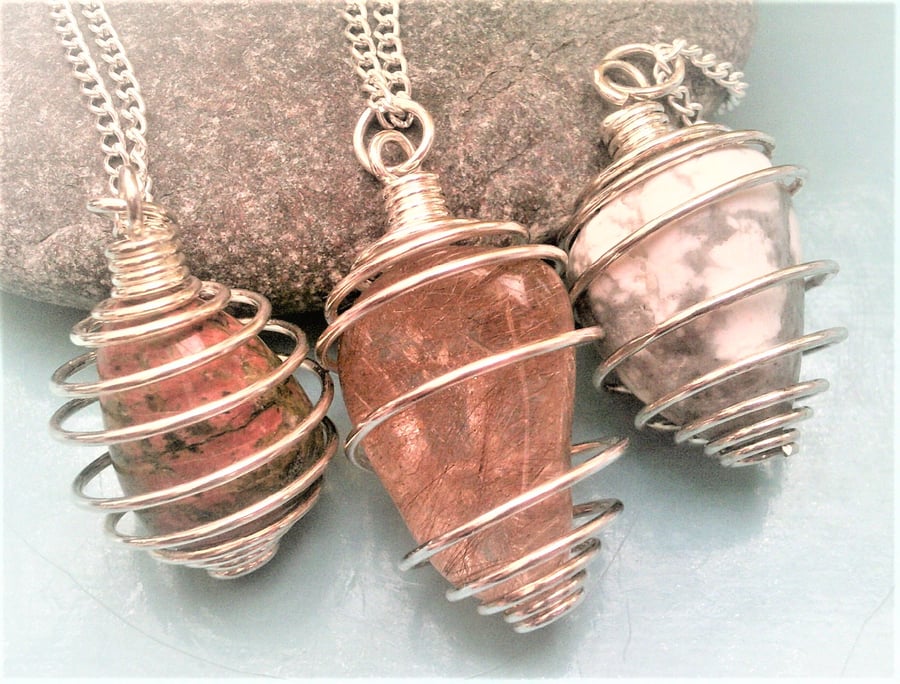 Crystal Caged Stone Necklace, Tumbled Stone Necklace