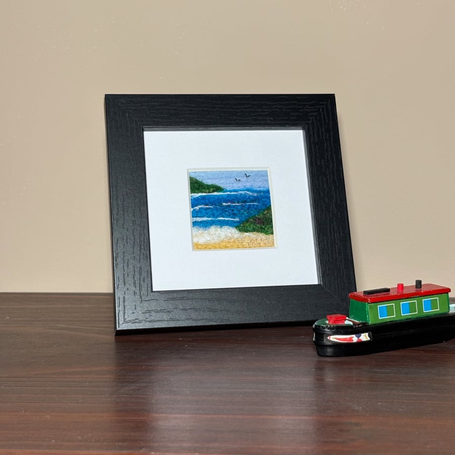 Framed textile needle felted picture, 4"x4", ocean inlet