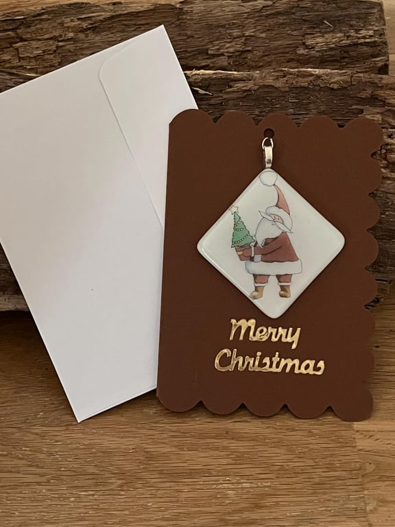 Unique Handcrafted Christmas Card with Artisan Fused Glass Tree Santa Decoration