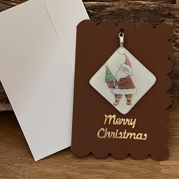 Unique Handcrafted Christmas Card with Artisan Fused Glass Tree Santa Decoration