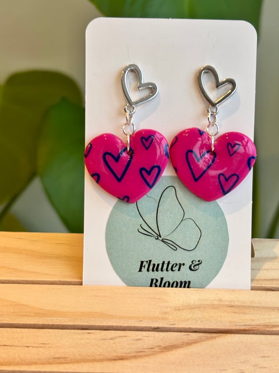 Pink and silver love links dangling earrings 